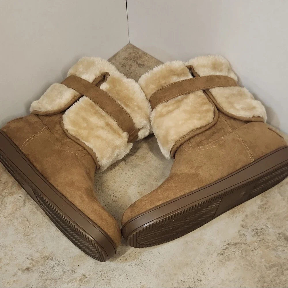 G by GUESS Aussie Suede Mid-Calf Boots Chestnut Faux Fur Buckle Women's 7.5M